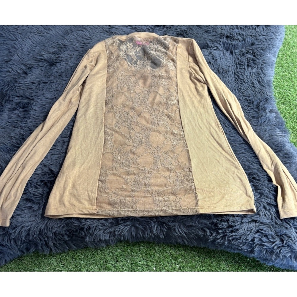 Top Tan Beige Crew‎ Neck Lace Back Tight Knit Long Sleeve Pullover M